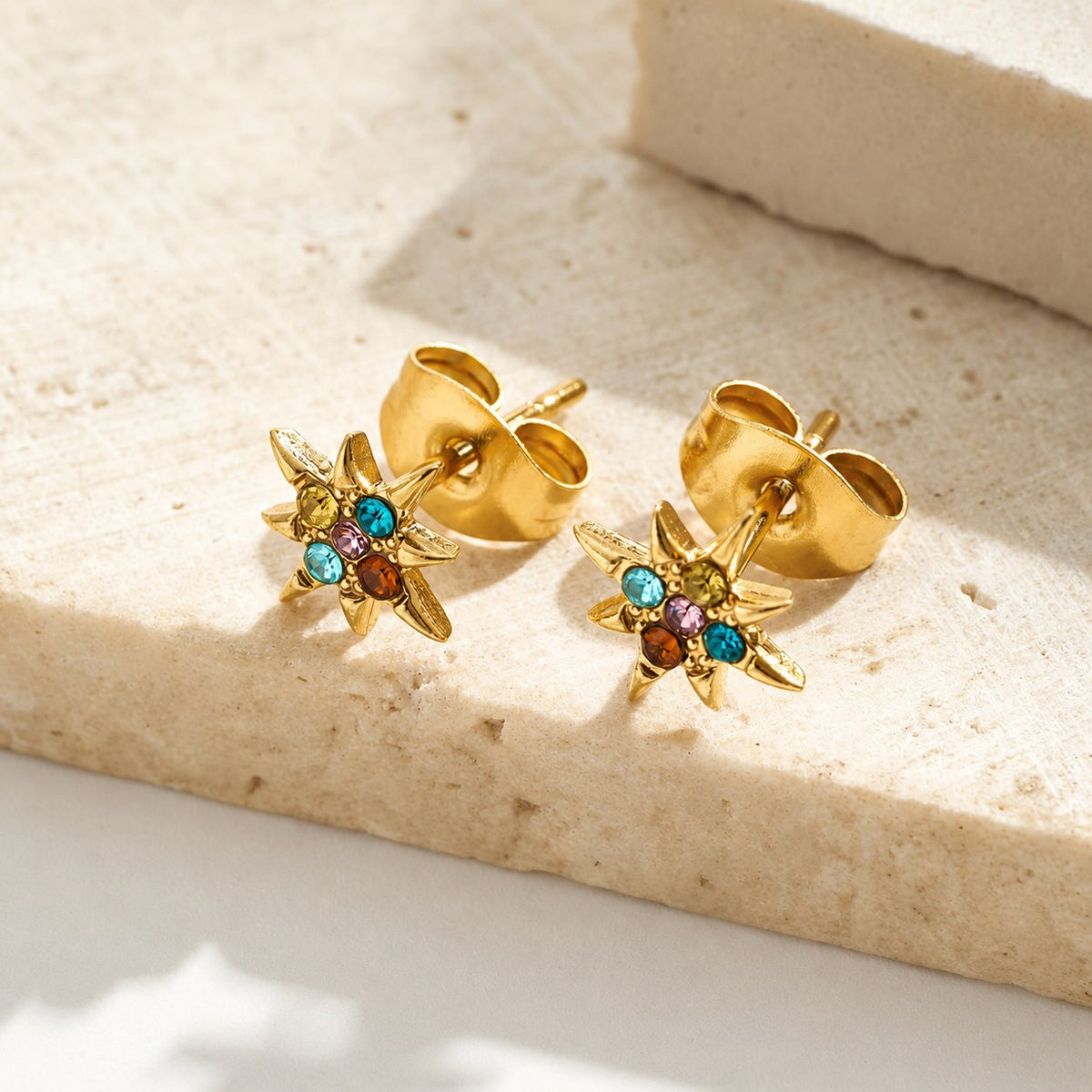 StarFlower Gold Stud Earrings - Rainbow